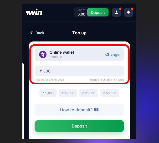 Details for making a deposit on 1Win